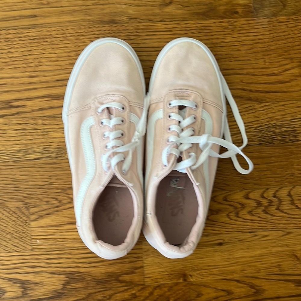Size 9 pink with white stripe sneakers. Vans